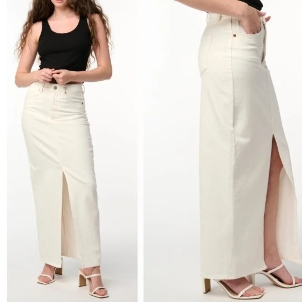 BlankNYC Front Slit Denim Maxi Skirt Womens Sz 27 Cream High Rise Streetwear NEW